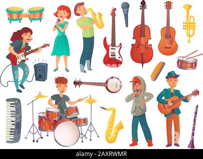 Cantori giovani e maschili di cartoni animati con microfoni e personaggi musicisti con strumenti musicali Illustrazione Vettoriale