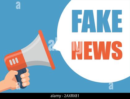 Notizie false - uomo mano che tiene il megafono. Design piatto. Può essere utilizzata per i social media, le reti, la promozione e la pubblicità. Illustrazione Vettoriale