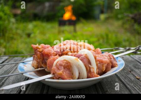 Carne di maiale cruda per il kebab shish sugli spiedini. Preparazione per un pic-nic con un falò in background. Messa a fuoco morbida, messa a fuoco selezionata. Foto Stock