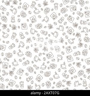 Modello di caffè senza cuciture vettoriale con chicchi e foglie di caffè, sacco di semi di caffè, attrezzatura per il cofe. Disegno manuale caffè senza cuciture motivo con texture chiara Illustrazione Vettoriale