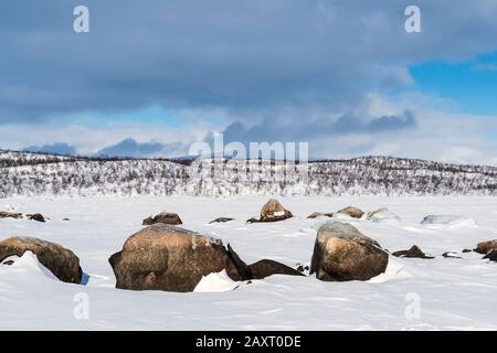 Svezia, Lapponia, lago congelato Torneträsk, pietre Foto Stock