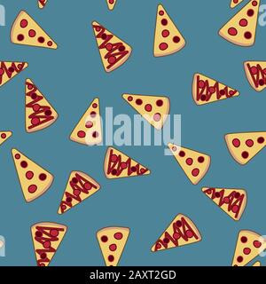 porzioni pizza semplice doodle senza cuciture vettore modello in giallo, rosso e blu Illustrazione Vettoriale