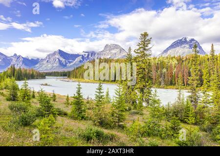Paesaggio montano con fiume Athabasca, foreste e Montagne Rocciose canadesi, Alberta Foto Stock