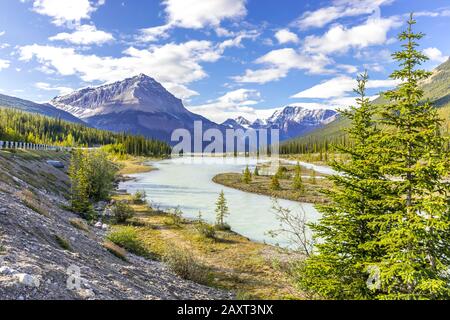 Il fiume Athabasca attraversa le Montagne Rocciose canadesi, Alberta Foto Stock