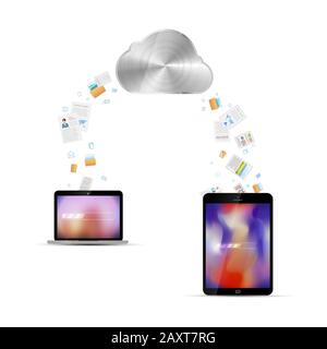 Trasferimento di file tra tablet e desktop tramite servizio cloud, illustrazione della tecnologia isolata in bianco Illustrazione Vettoriale