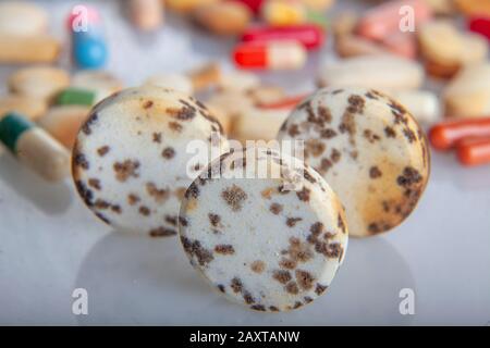 medicinali con una data di utilizzo scaduta nello stato di decadimento e muffa assunti in uno studio con lenti macro in diverse situazioni Foto Stock