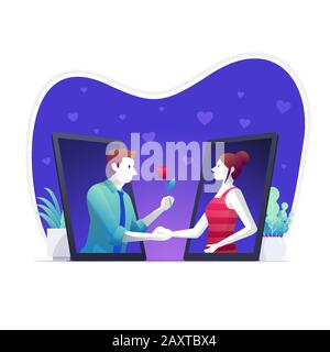 Uomo e donna che utilizzano applicazione mobile per la datazione. Coppia che si è incontrata online. L'uomo sta dando una rosa alla ragazza. Illustrazione del concetto vettoriale. Illustrazione Vettoriale