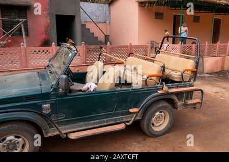 India, Rajasthan, Ranthambhore, Parco Nazionale, zona 1 Jungle Babbler e Rufous Treepie uccelli su Maruti Suzuki gitana jeep Foto Stock