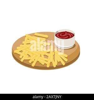 Patatine fritte e salsa di pomodoro in una tazza di ceramica su un vassoio di legno e uno sfondo bianco isolato. Immagine vettoriale Illustrazione Vettoriale