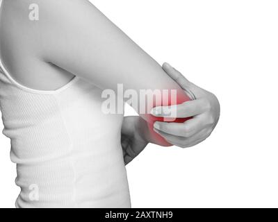 donna che soffre di dolore al gomito, toggle pain. tono mono evidenziare al gomito , toggle isolato su sfondo bianco. sanità e concetto medico Foto Stock