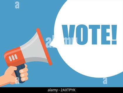 Vota - Mile mano che tiene il megafono. Design piatto. Può essere utilizzata per i social media, le reti, la promozione e la pubblicità. Illustrazione Vettoriale