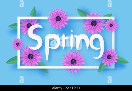 Banner primaverile con fiori viola e cornice in carta stile taglio. Illustrazione vettoriale digital craft paper art. Springtime Concept. Illustrazione Vettoriale