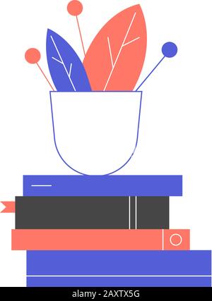 Un vaso di fiori su una pila di libri. Illustrazione Vettoriale
