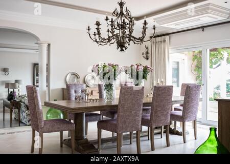 Sala da pranzo con sedie viola e lampadario Foto Stock