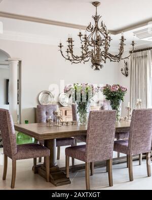 Sala da pranzo con sedie viola e lampadario Foto Stock