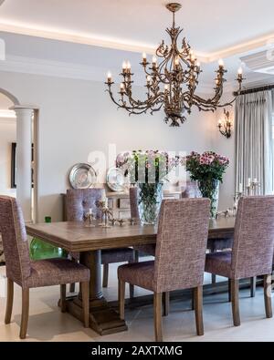 Sala da pranzo con sedie viola e lampadario Foto Stock