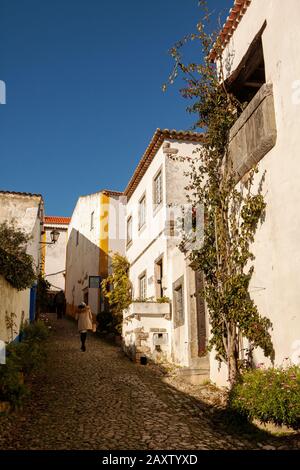 Non si può perdersi nelle vicoli tortuose di Obidos, come si arriva sempre attraverso il muro della fortezza, Foto Stock