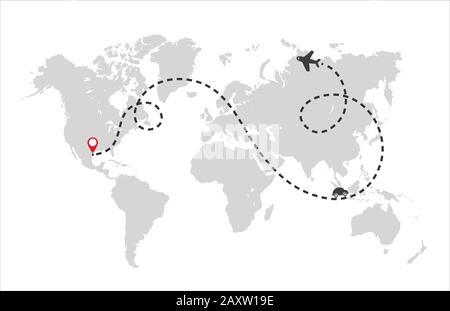 Percorso aereo con linea tratteggiata e mappa del mondo su sfondo bianco. Vettore Illustrazione Vettoriale
