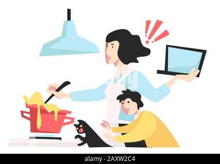 Donna in stress cucinare e lavorare mentre si prende cura del bambino Illustrazione Vettoriale