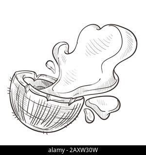 Spruzzi di acqua di cocco dal disegno a mano di frutta di palma aperta tagliata Illustrazione Vettoriale
