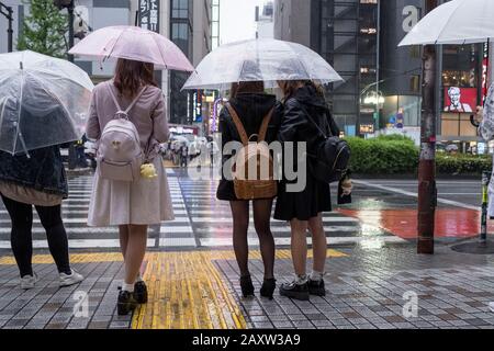 Giappone, Tokyo: Giovani ragazze giapponesi viste da dietro in attesa di fronte a un passaggio pedonale a Shinjuku. Ragazze giapponesi sotto la pioggia con ombrelloni Foto Stock