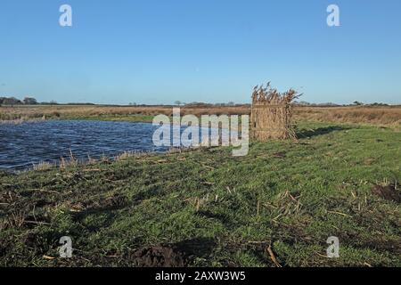 Vista sullo stagno di volo con tiro cieco alle dune costiere sotto un cielo blu Eccles-on-Sea, Norfolk, Uk Gennaio Foto Stock