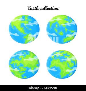 Set Cartoon Earth con diverso angolo del pianeta. Ecologia e riutilizzo concetto. Problema ambientale globale. Illustrazione del vettore stock in stile piatto isolato Illustrazione Vettoriale