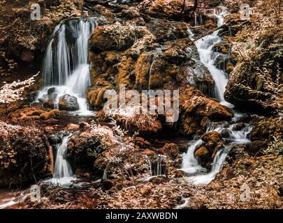 Lunga esposizione di cascata nella foresta Foto Stock