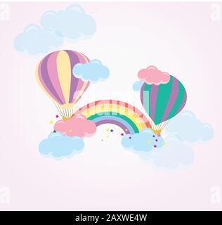 Carino vettore infantile illustrazione - mongolfiera con nuvole e arcobaleno su uno sfondo morbido gradiente. Cartolina del bambino Illustrazione Vettoriale