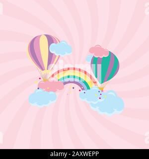 Cute childish vettore illustrazione - mongolfiera con nuvole e sfondo rosa arcobaleno modello. Cartolina del bambino Illustrazione Vettoriale
