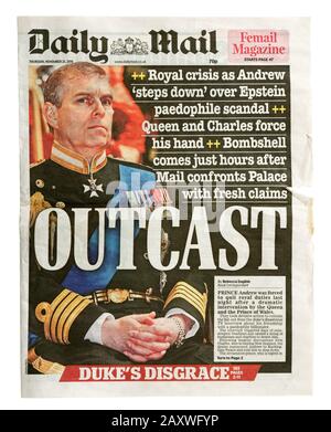 La prima pagina di posta quotidiana con il titolo Outcast, circa la decisione del principe Andrews di ritirarsi dai doveri reali dopo l'intervista di Newswnight Foto Stock