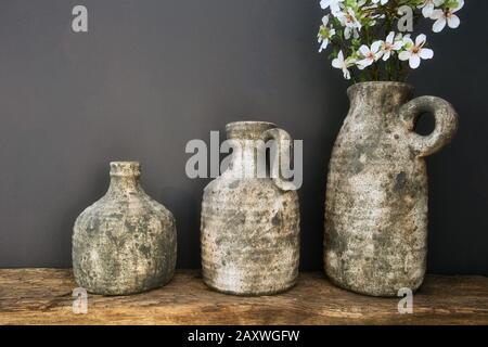 Fiori bianchi in vasi rustici in cemento vicino a pareti grigio scuro, design moderno Foto Stock