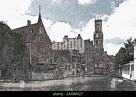 Vista da Rozenhoedkaai attraverso il fiume Reie alla torre campanaria, costruita dal 1282 al 1482, Bruges, Belgio, Europa Foto Stock