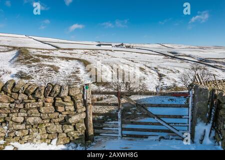 Alto paesaggio invernale Teesdale, Ash Dub fattoria da Ettersgill House Foto Stock