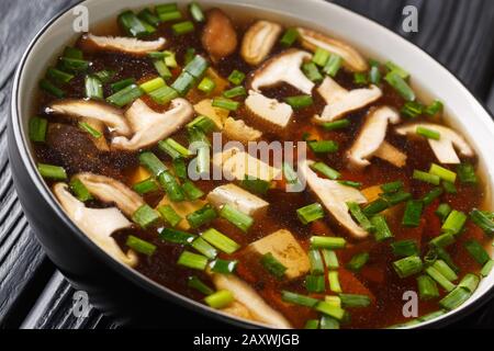 Zuppa dietetica con funghi shiitake, tofu e cipolle verdi si chiudono in una ciotola sul tavolo. Orizzontale Foto Stock