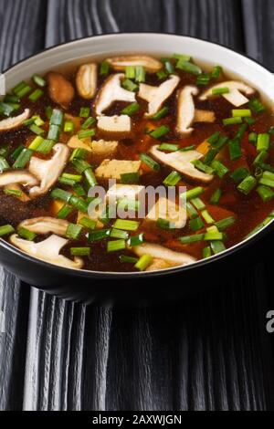 Zuppa di miso vegetariana con funghi shiitake, tofu e cipolle verdi si chiudono in una ciotola sul tavolo. Verticale Foto Stock