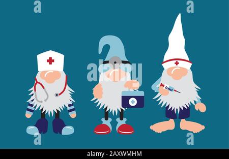 Infermiere e dottore Gnomes con stetoscopio e scatto Illustrazione Vettoriale