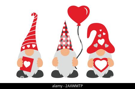 San Valentino Gnomes w cappello, palloncino, e cuori Illustrazione Vettoriale