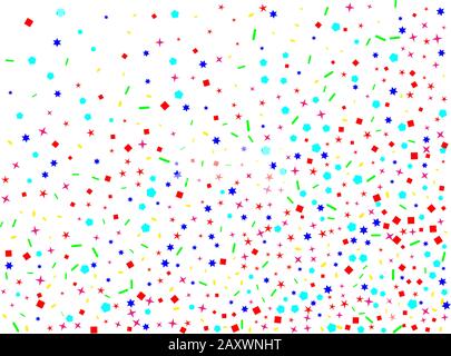 Esagoni colorati, stelle, linee di ovali. Confetti nuovo fluido di fondo. Astratto sfondo confetti. Illustrazione Vettoriale