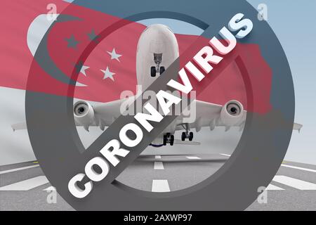 Il cartello di divieto con il testo coronavirus proibisce i voli da Singapore. rendering 3d Foto Stock