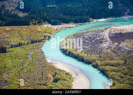 Vista aerea del fiume Stave, British Columbia, Canada. Foto Stock