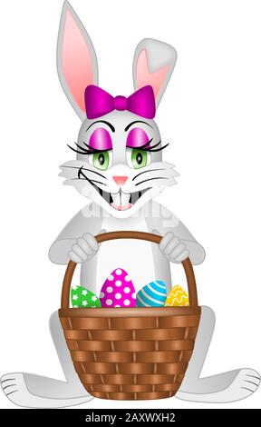 Isolato coniglietto di pasqua. Coniglio femmina con un cesto di uova Illustrazione Vettoriale