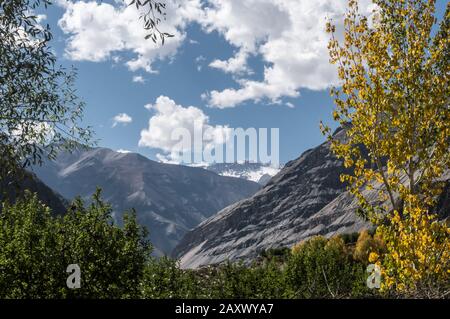 Distante collina delle Highland in estate con nuvole galleggianti che incorniciano lo sfondo su sentieri escursionistici Himalaya. Soft Focus alberi highland autunno Foto Stock