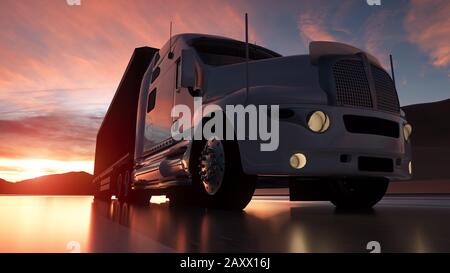 Big bianco semi - rimorchio camion primo piano su strada asfaltata autostrada al tramonto - sfondo trasporto. figura 3d. Foto Stock