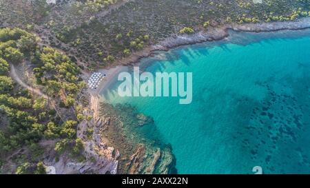 Vista aerea della spiaggia Notos. Thassos Island, Grecia Foto Stock