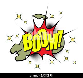 BRACCIO. Esplosione di una bomba in stile fumetto pop art retro bolla. Illustrazione del progetto vettoriale. Illustrazione Vettoriale