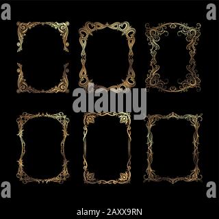 Set di sei ricchi decorati, eleganti cornici e bordi decorativi in oro per il tuo design Illustrazione Vettoriale