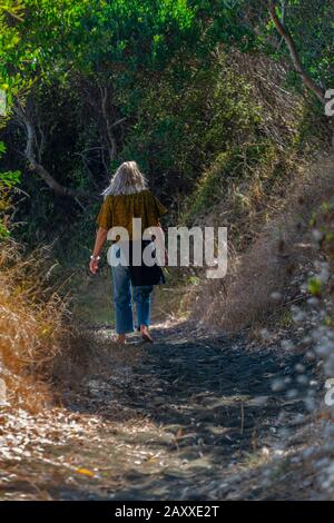 Un'immagine posteriore di una donna che cammina lungo una pista di sabbia nera di ferro, circondata dal fogliame costiero, compreso erba della coda di Lepre (Lagurus ovatus). Foto Stock
