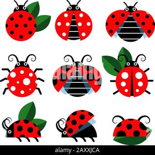 Icone Ladybug. Cute ladybugs divertente insetto vettore su bianco Illustrazione Vettoriale