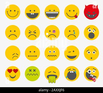 Emoticon, emoji, icone vettoriali piatte sorridente. Urlo e tristezza, annoiato e divertente set smiley Illustrazione Vettoriale